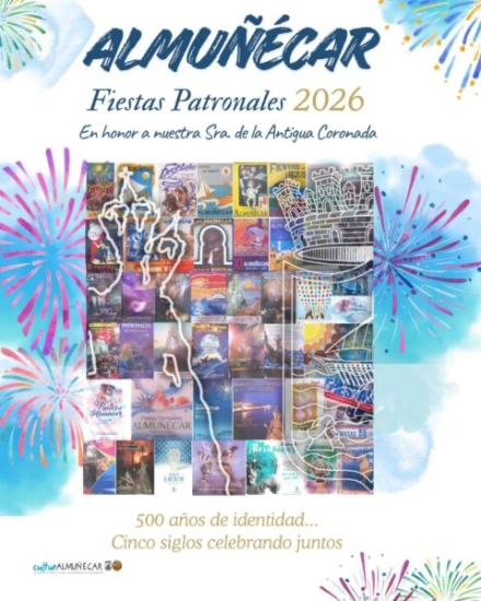 Cartel de las Fiestas Patronales de Almuñécar 2026 con fondo de fuegos artificiales, collage de imágenes del municipio y lema «500 años de identidad. Cinco siglos celebrando juntos».