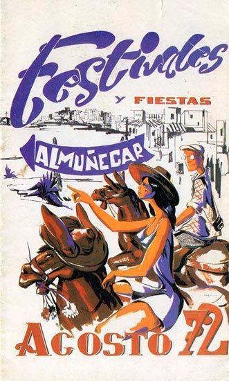 Cartel de la Feria de Almuñécar de 1972 - Precioso cartel de los Festivales y Fiestas de Agosto en Almuñécar. Un tradicional pueblo andaluz de la Costa del Sol que atraía a turistas internacionales, buscando las maravillas culturales y gastronómicas de España, además de Sol.