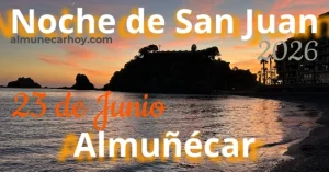 Cartel de la Noche de San Juan 2026 en Almuñécar con el Peñón del Santo al fondo al atardecer