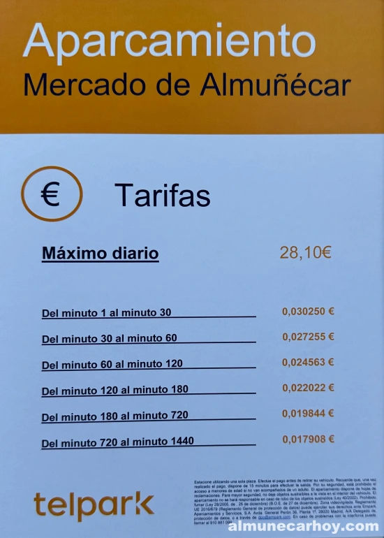 Aparcamiento del Mercado de Almuñécar 5 Detalle del cartel con las tarifas por minuto del aparcamiento del Mercado de Almuñécar