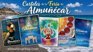 Collage de carteles históricos de la Feria de Almuñécar sobre fondo de playa de la Costa Tropical